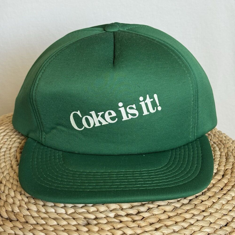 Vintage 80s Coke Is It! Hanes Foam Trucker Snapback Hat Rare Green Colorway